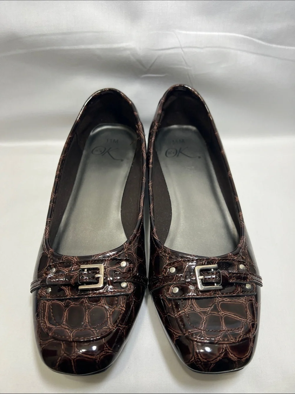 Classic Brown Croc-Embossed Buckle Ballet Flats